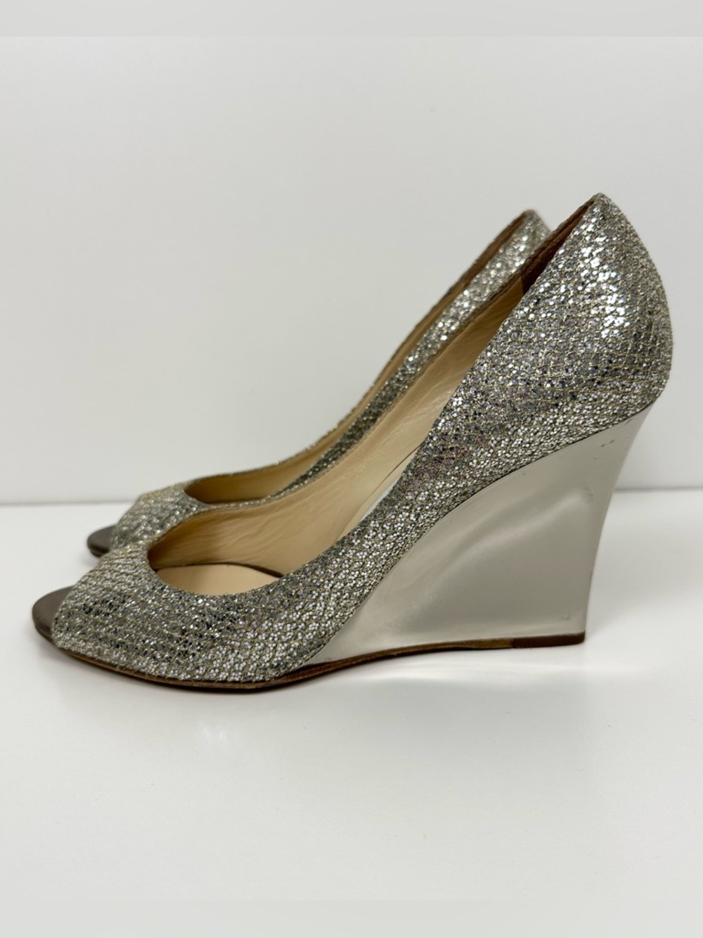 Jimmy Choo Silver Glitter Peep-Toe Wedge Heels
